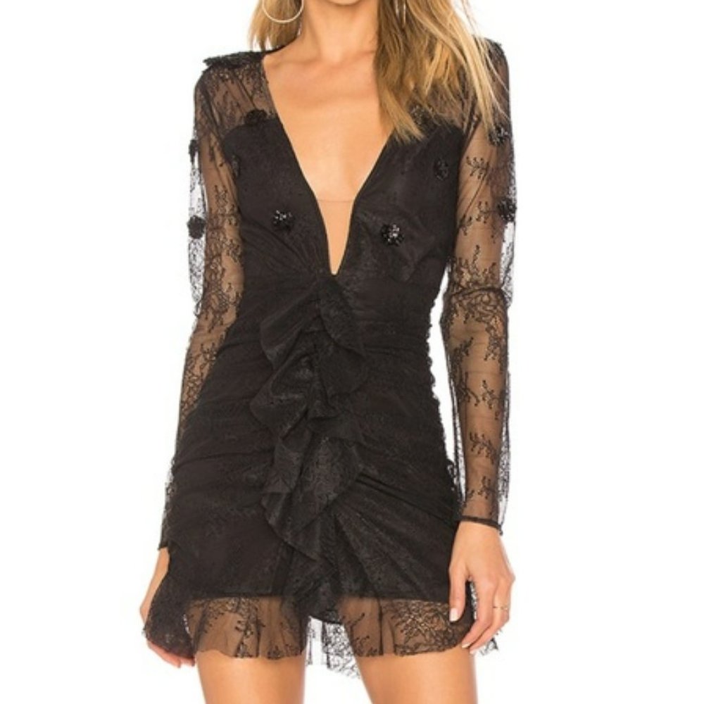 For Love and Lemons Daisy Lace Black Long Sleeve Sequined Mini Dress Women's S